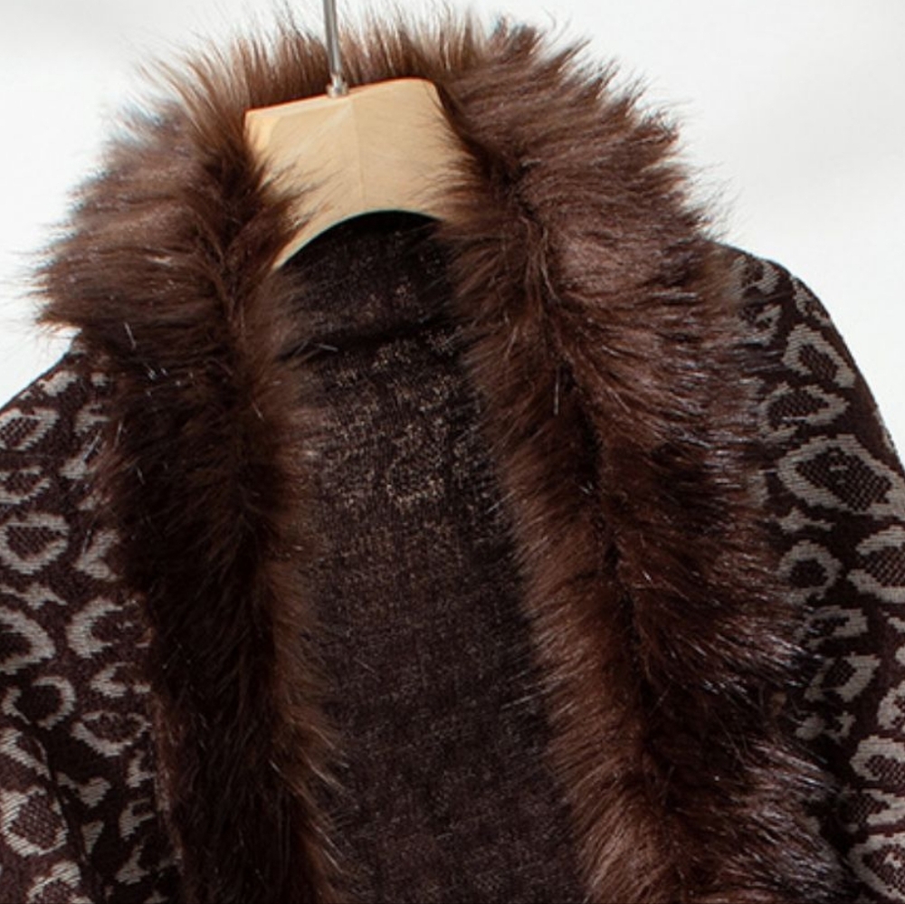 Plush Faux Fur Leopard Retro Fringe Boho Oversized Poncho Knit Cardigan Jacket - Picture 3 of 16